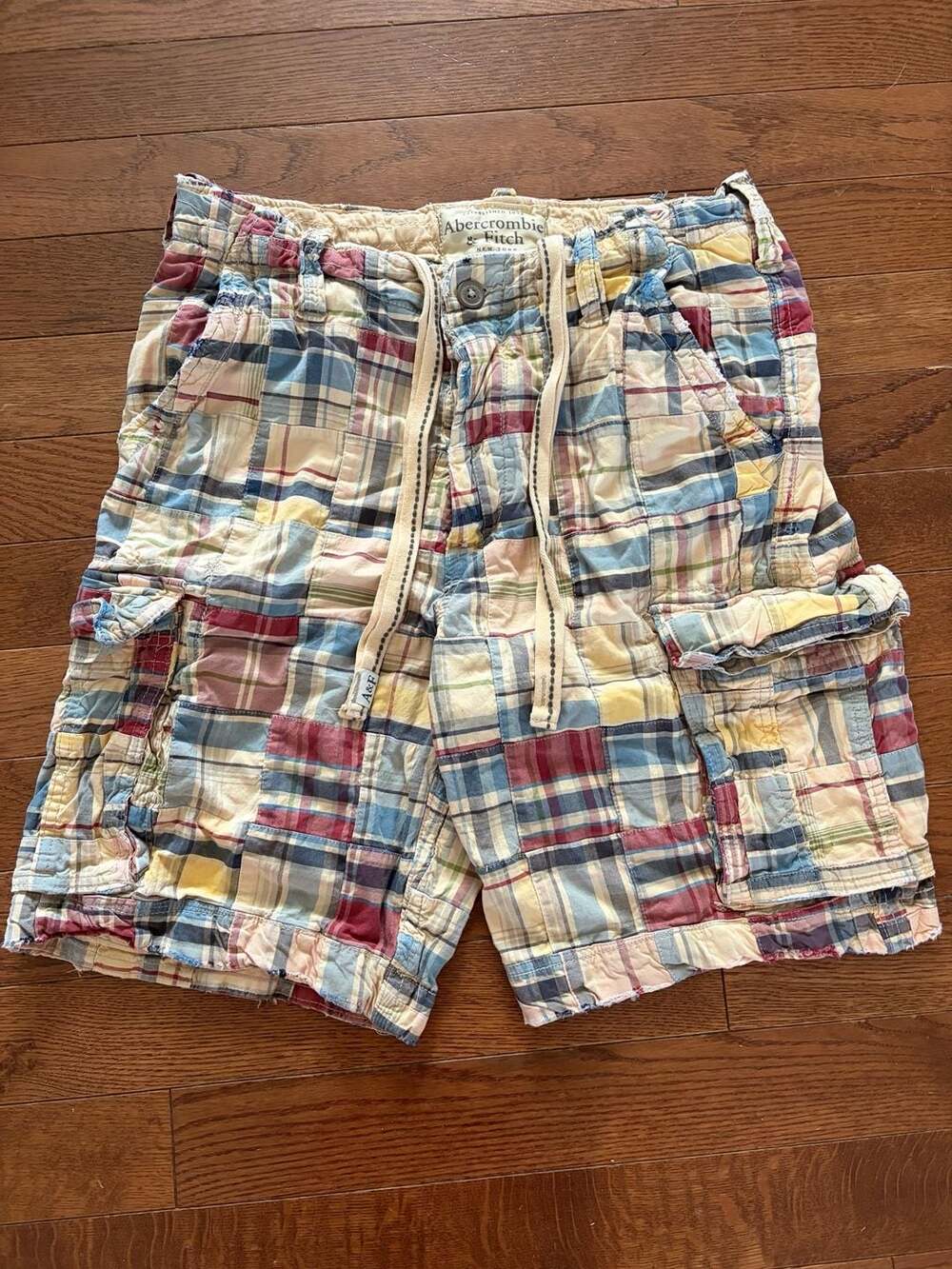 Vintage Y2K Abercrombie & Fitch Madras Patchwork Cargo Shorts Sz 34